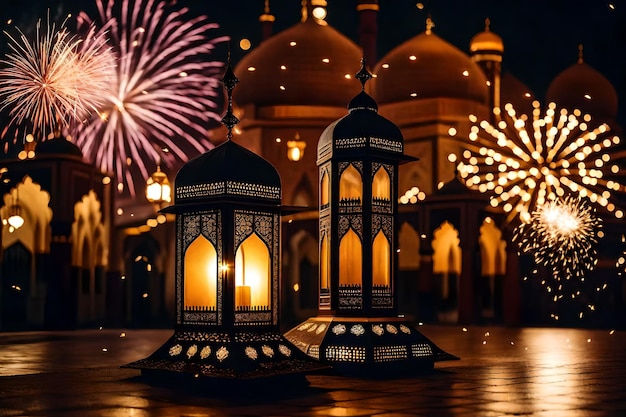 Bezpłatne zdjęcie bezpłatne zdjęcie ramadan kareem eid mubarak królewska elegancka lampa z meczetem święta brama z ogniem