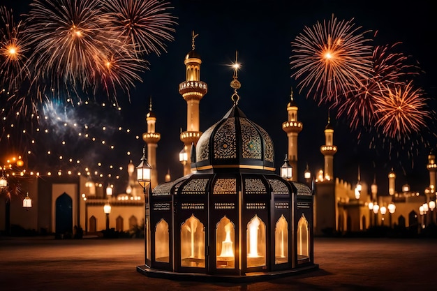 Bezpłatne zdjęcie bezpłatne zdjęcie ramadan kareem eid mubarak królewska elegancka lampa z meczetem święta brama z ogniem