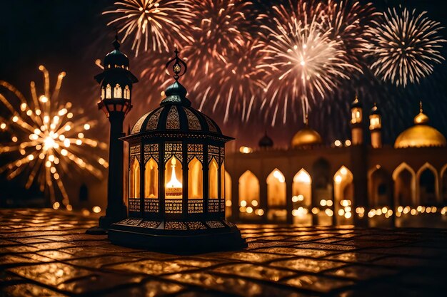 Bezpłatne zdjęcie bezpłatne zdjęcie ramadan kareem eid mubarak królewska elegancka lampa z meczetem święta brama z ogniem