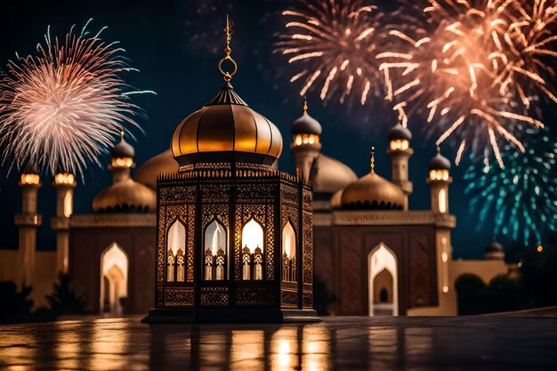 Bezpłatne zdjęcie bezpłatne zdjęcie ramadan kareem eid mubarak królewska elegancka lampa z meczetem święta brama z ogniem