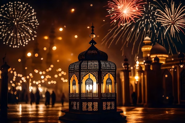 Bezpłatne zdjęcie bezpłatne zdjęcie ramadan kareem eid mubarak królewska elegancka lampa z meczetem święta brama z ogniem