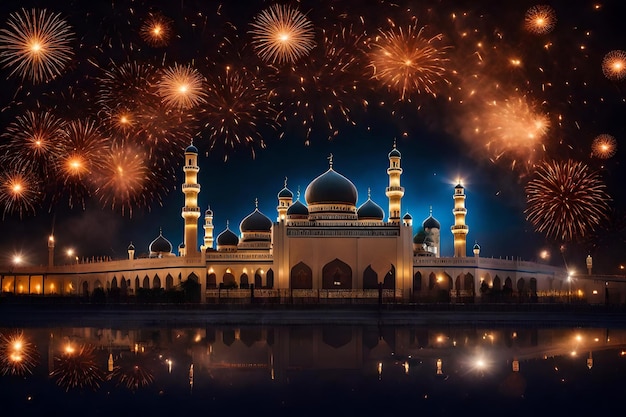 Bezpłatne zdjęcie bezpłatne zdjęcie ramadan kareem eid mubarak królewska elegancka lampa z meczetem święta brama z ogniem