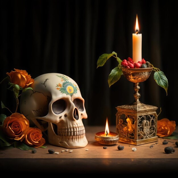 Bezpłatne zdjęcie Czaszka z kwiatem i świecą na stole