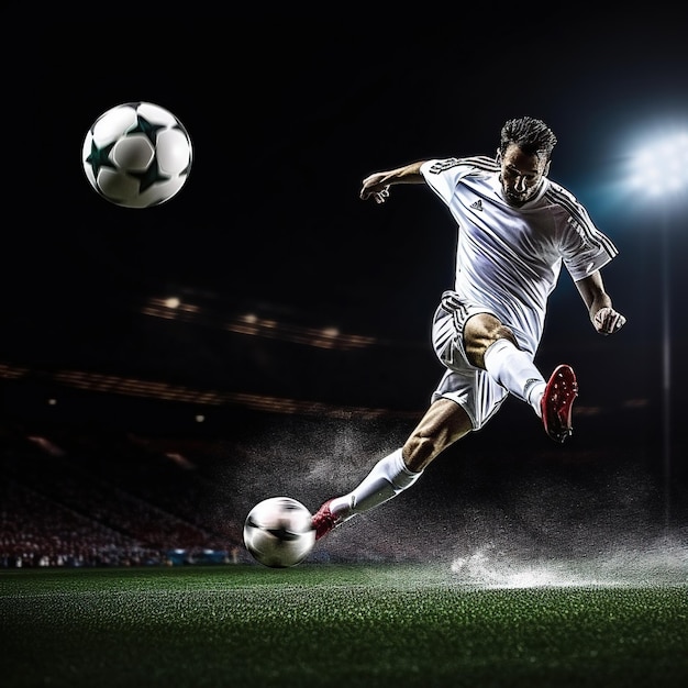 Bezpłatne zdjęcie piłkarza kopnącego piłkę w ziemię