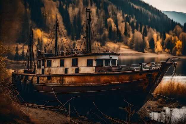 Bezpłatne zdjęcie starej zardzewiałej łodzi rybackiej na zboczu wzdłuż brzegu jeziora