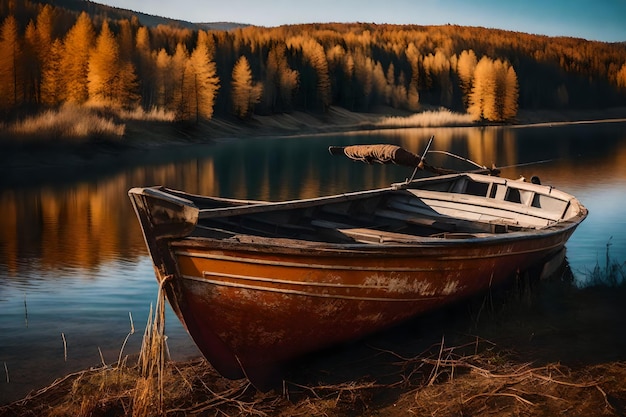 Zdjęcie bezpłatne zdjęcie starej zardzewiałej łodzi rybackiej na zboczu wzdłuż brzegu jeziora