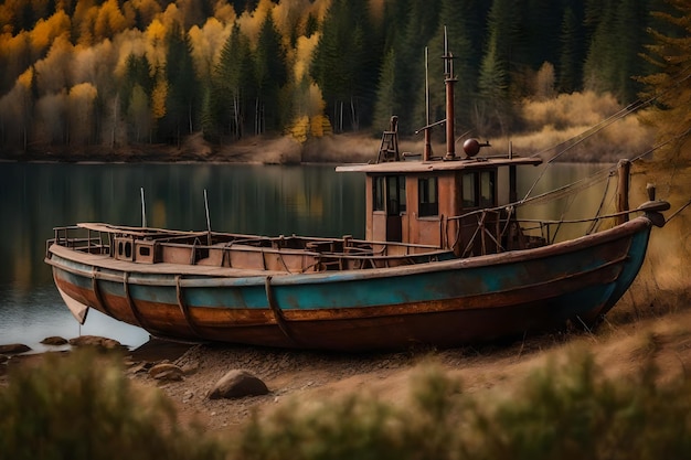 Bezpłatne zdjęcie starej zardzewiałej łodzi rybackiej na zboczu wzdłuż brzegu jeziora