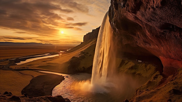 Bezpłatne zdjęcie wodospadu płynącego i północnego zachodu słońca w lecie