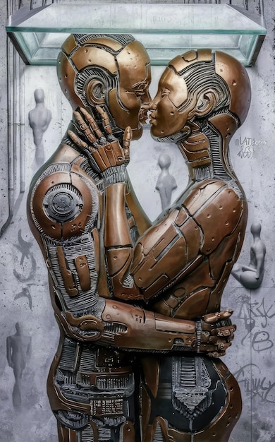Bezpłatne zdjęcie z bliska ciemny fantasy obraz kochającej się humanoidalnej mechanicznej cyber pary