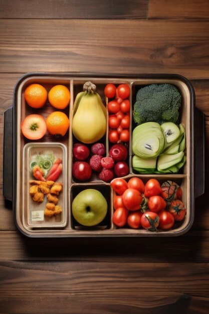Bezpłatne zdjęcie z góry pokazujące zdrowe jedzenie w tacce na drewnianym biurku