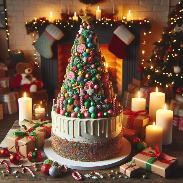 Bezpłatny tort świąteczny na tle choinki