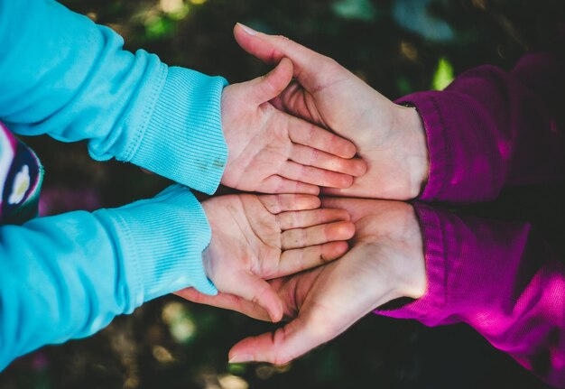 Zdjęcie bezpośrednio powyżej zdjęcie rąk matki i dziecka bawiących się na świeżym powietrzu