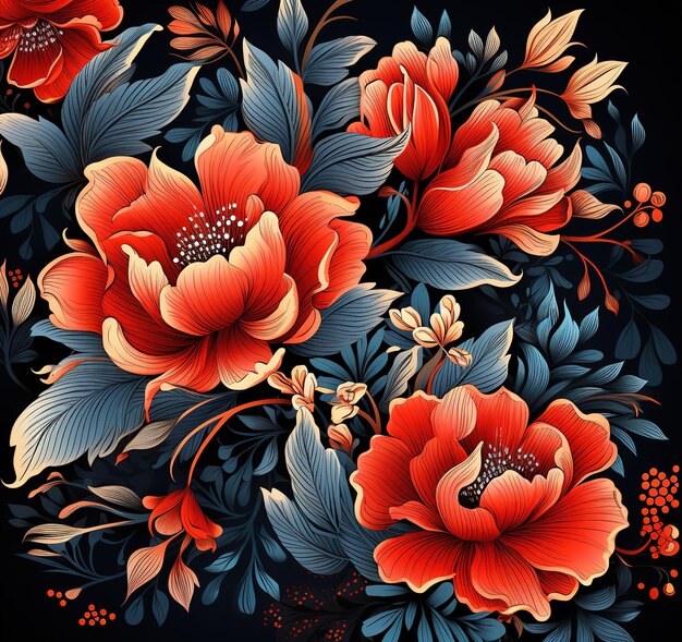 Bezproblemowy kwiatowy wzór różowy rumieniec kwiaty elementy gałęzie zielonych liści na ciemnej czerni
