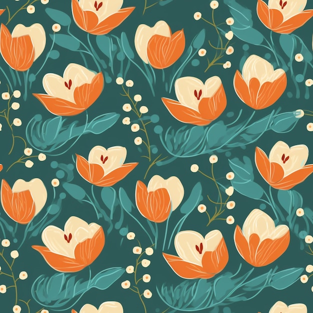 Bezproblemowy kwiecisty wzór z pomarańczowymi i białymi kwiatami na turkusowym tle generatywnego ai