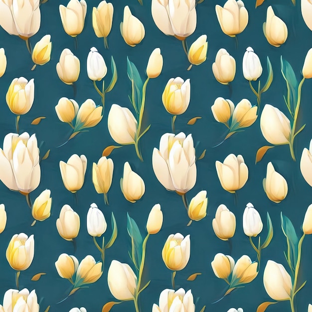 Bezproblemowy wzór białych tulipanów na niebieskim tle.