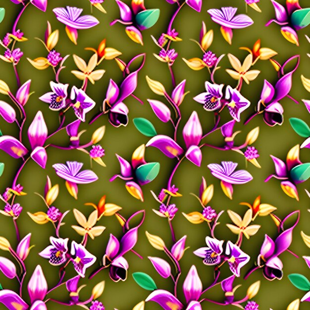 Zdjęcie bezproblemowy wzór fioletowych orchidei z zielonymi liśćmi i kwiatami.