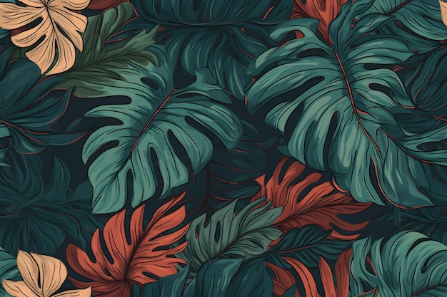 Bezproblemowy wzór liścia tropikalnego Modna ilustracja botaniczna Piękny elegancki wzór liścia monstera Do papieru z tkaniny i innych potrzeb projektowych Generatywne ai