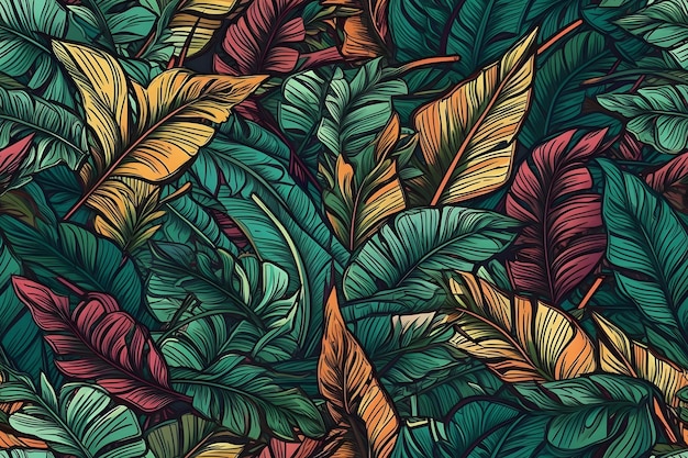 Bezproblemowy wzór wektorowy z egzotycznymi roślinami tropikalnymi w nowoczesnym stylu Modny kolorowy wzór tła w dżungli Natura tekstylny moda tapeta drukuj Generative Ai