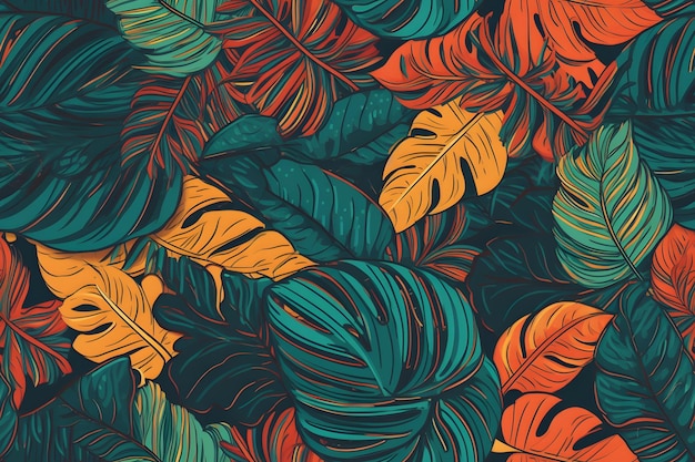 Bezproblemowy wzór wektorowy z egzotycznymi roślinami tropikalnymi w nowoczesnym stylu Modny kolorowy wzór tła w dżungli Natura tekstylny moda tapeta drukuj Generative Ai