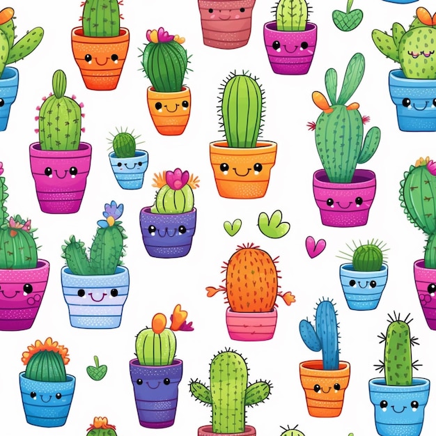 Bezproblemowy wzór z uroczymi kaktusami w kolorowych doniczkach.