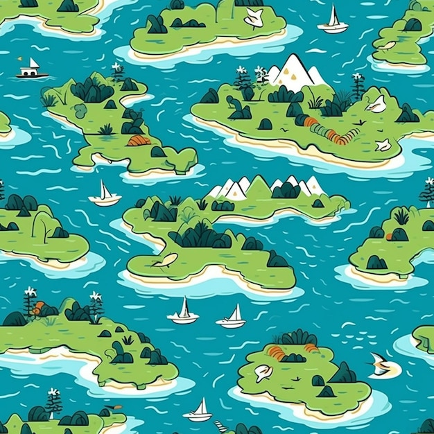 Bezproblemowy wzór zielonych wysp z łodzią i łodzią na wodzie.