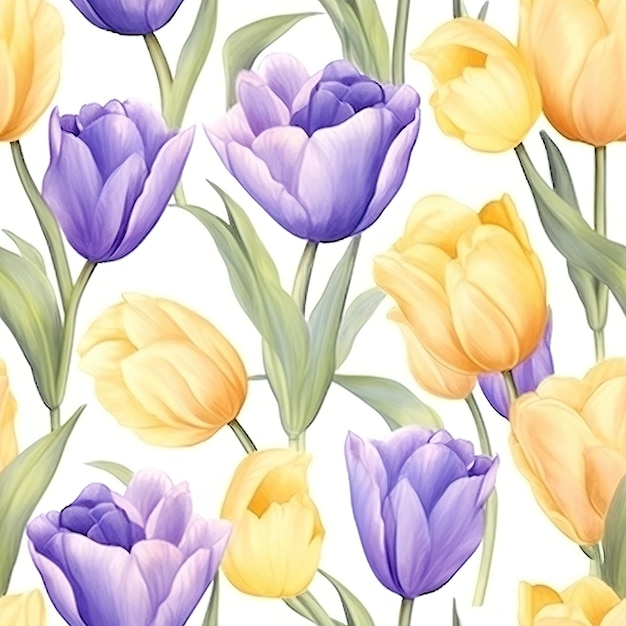 Zdjęcie bezproblemowy wzór żółtych i fioletowych tulipanów na białym tle.