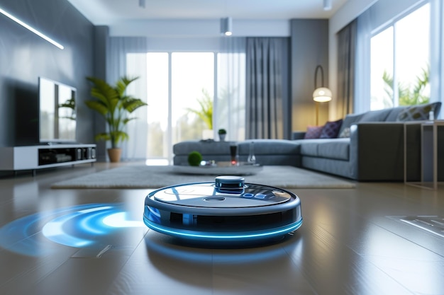 Bezprzewodowy futurystyczny odkurzacz robot czyszczący maszynę zgodnie z harmonogramem w salonie z danymi i kontrolami HUD koncepcja internetu rzeczy i inteligentnych urządzeń domowych szeroki projekt baneru