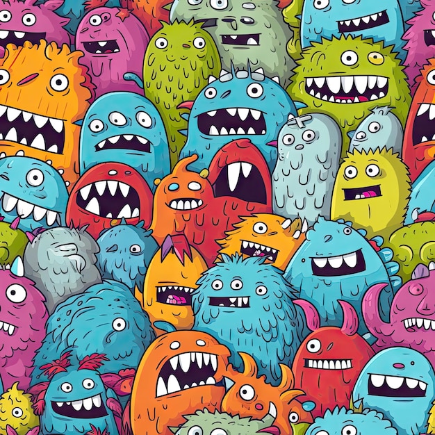 Zdjęcie bezszelestny wzór cute monster doodle art