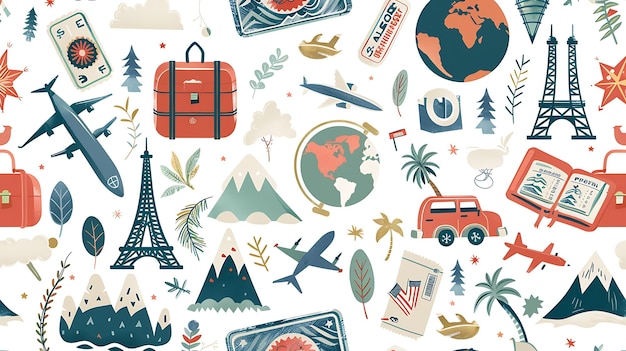 Zdjęcie bezszelestny wzór podróży i przygody w wzorze znajdują się ikony samolotów, samochodów, gór, drzew i walizek.