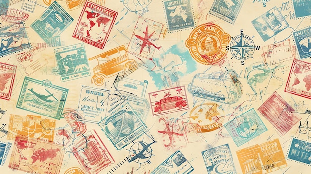 Bezszelestny wzór starożytnych znaczków podróżnych i biletów Znaczki zawierają różne wzory, w tym samoloty, statki, pociągi i mapy świata