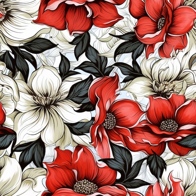Bezszwone tło kwiatowe z czerwonymi i białymi kwiatami generatywne ai