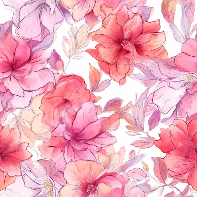 Bezszwone tło kwiatowe z różowymi i fioletowymi kwiatami generatywne ai