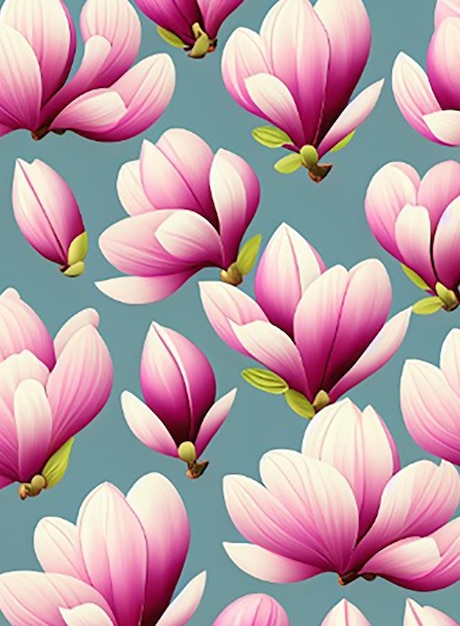 Bezszwone tło z delikatnym wzorem kwitnących kwiatów magnolii w miękkich pastelowych odcieniach na spokojnym tle