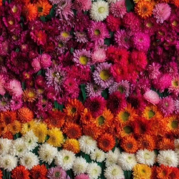 Bezszwowa ściana kwiatowa z różowymi pomarańczowymi białymi i żółtymi kwiatami chryzantemy