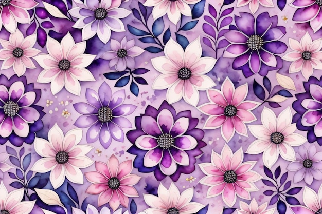 Bezszwowe fioletowe kwiaty i liście kwiatowy wzór na białym tle generatywna ai