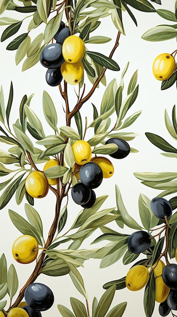 Bezszwowe tapety z oliwek, akwarele, liście i owoce