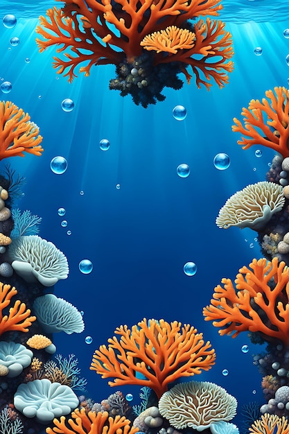 Bezszwowe tło z koralowcami i bąbelkami na niebieskim tle
