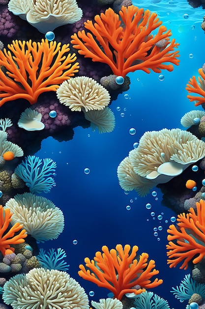 Bezszwowe tło z koralowcami i bąbelkami na niebieskim tle