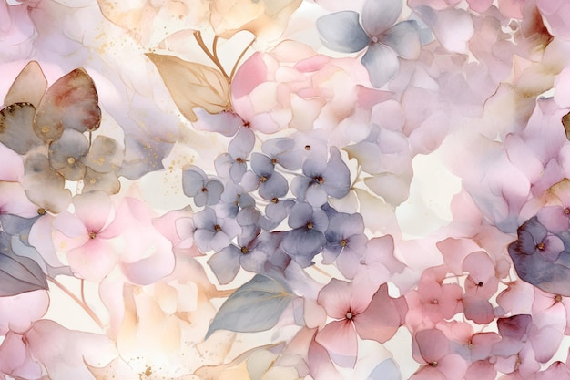 Bezszwowe tło z kwiatowym wzorem z delikatnymi akwarelowymi hortensjami w pastelowych odcieniach bzu i różu
