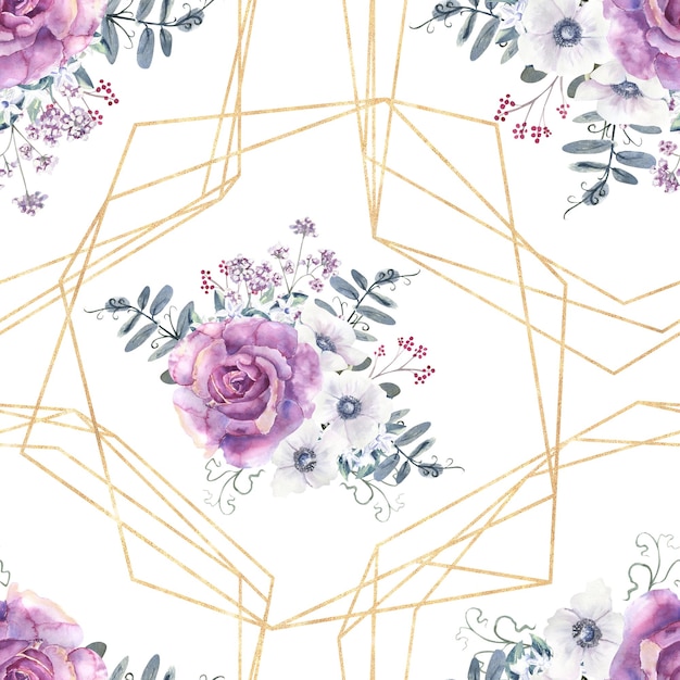 Bezszwowe wzory z fioletowymi różami i zawilcami na białym tle ręcznie rysowane akwarela