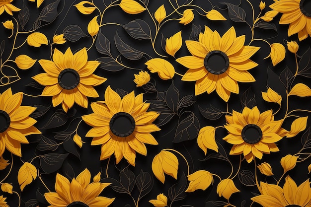 Bezszwowy czarno-żółty kwiatowy wzór ze słonecznikami