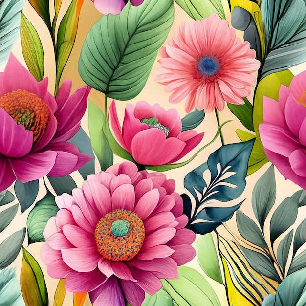 Bezszwowy kwiecisty wzór z kolorowymi kwiatami i liśćmi
