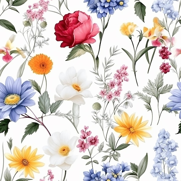 bezszwowy kwiecisty wzór z kolorowymi kwiatami na białym tle