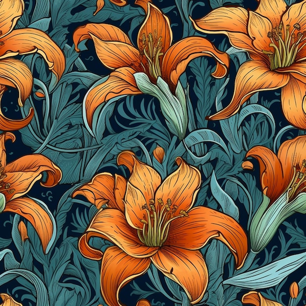 Bezszwowy kwiecisty wzór z pomarańczowymi liliami na błękitnym tle generatywna ai