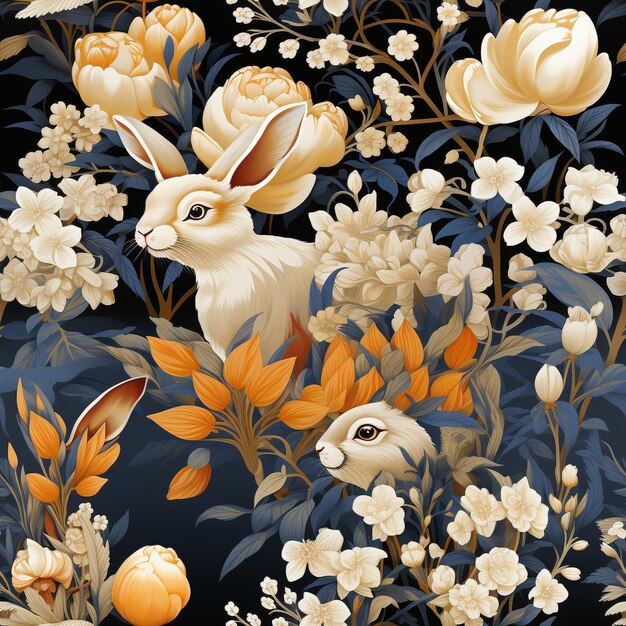 Zdjęcie bezszwowy wzór chinoiserie z królikami generatywny ai