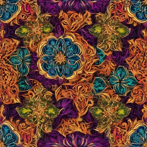 Bezszwowy wzór dekoracyjny z symetrycznym wzorem i żywymi kolorami