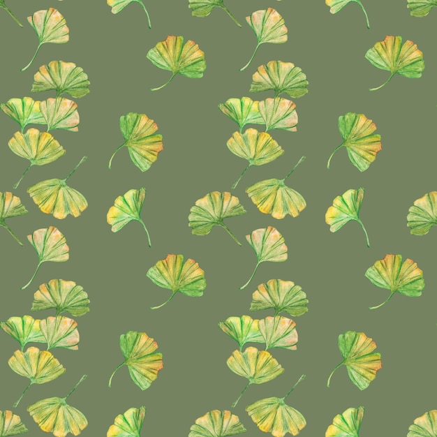 Bezszwowy wzór ginkgo biloba zielone i żółte liście Drukuj botanika liści Akwarela oddziałów Liście clipart