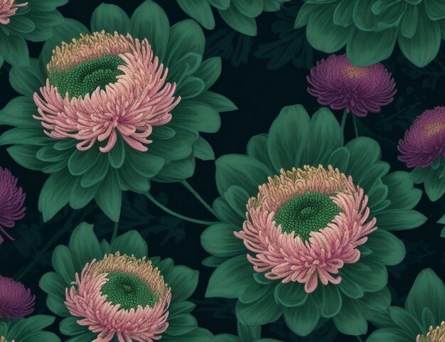 Bezszwowy wzór kwiatowy kwiat chryzantemy z liśćmi