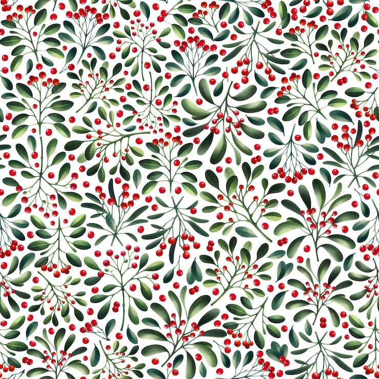Zdjęcie bezszwowy wzór mistletoe na białym tle zielone liście czerwone jagody roślina minimalistyczny projekt