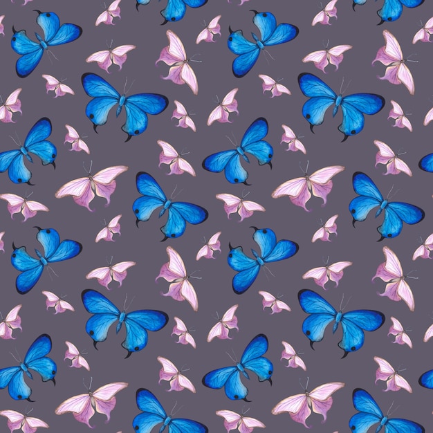 Bezszwowy wzór Niebieski i fioletowy motyl odizolowany na ciemnym Akwarela ręcznie rysowane foka owadów do projektowania
